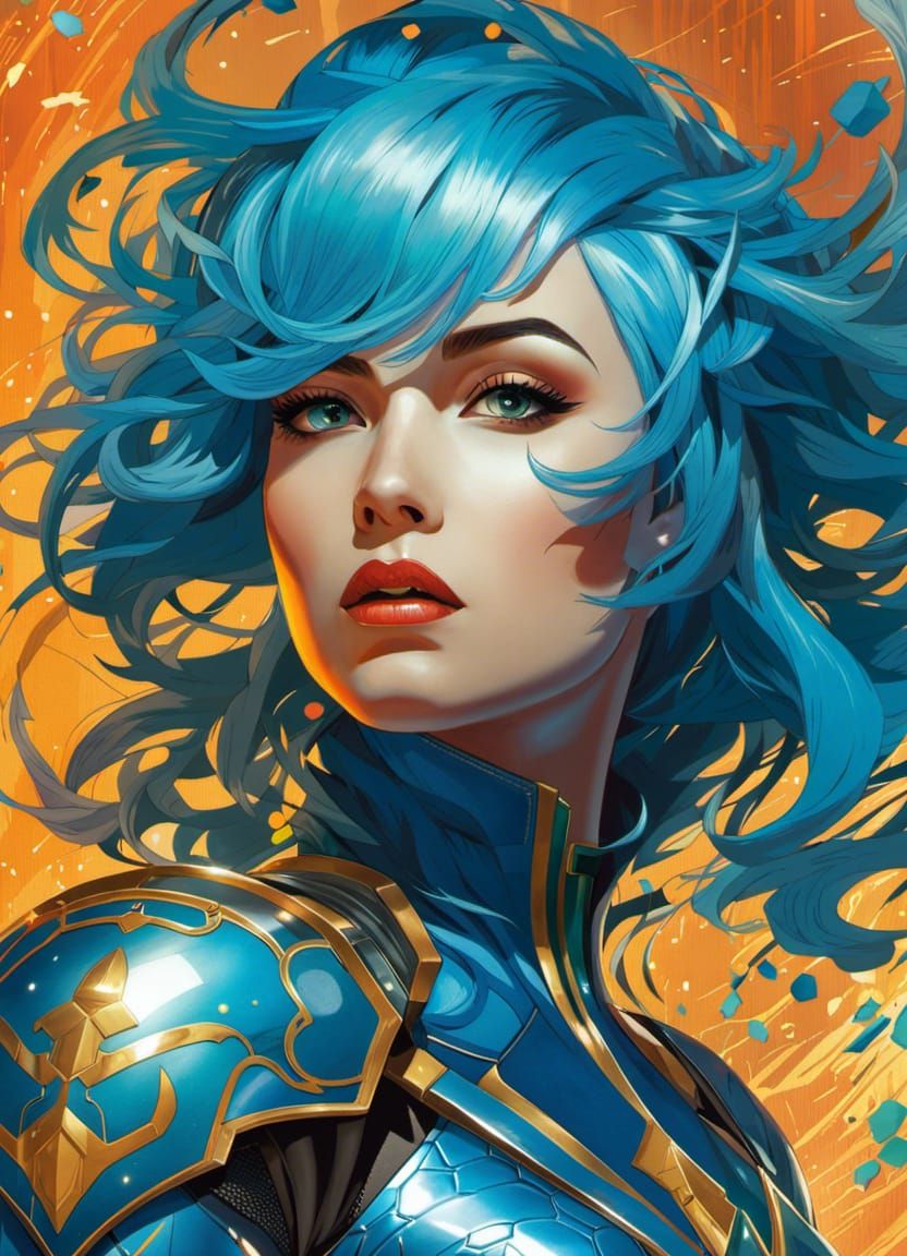 Blue-Haired Superheroine in Chrome Armor Fantasy Portrait