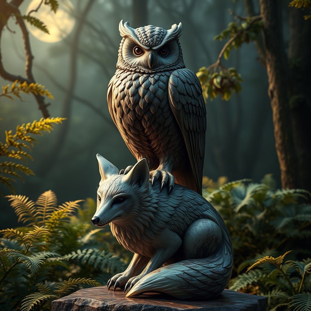 Moonlit Stone Owl and Fox in Lush Forest