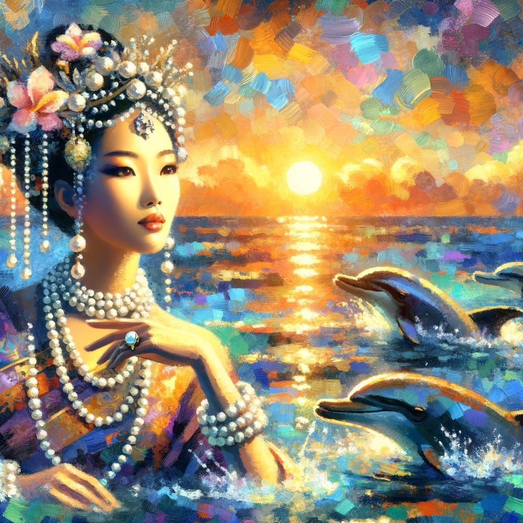 Mermaid adorned in pearl jewlery swimming with dolphins. Sunset on the horizon. Sunlight streaming through water