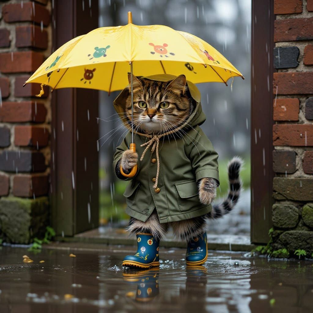 Cat on Rainy Patrol with Umbrella