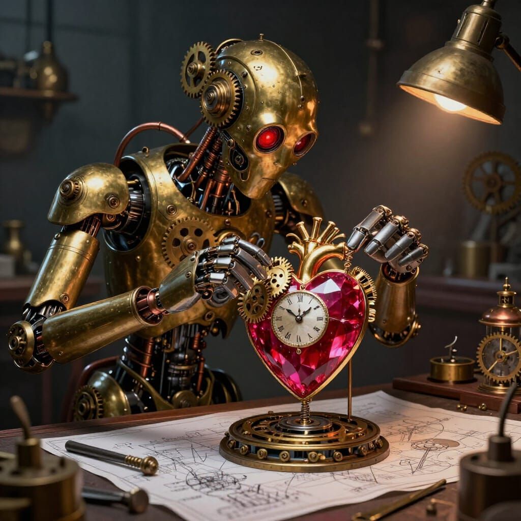 Steampunk Automaton Crafts Clockwork Heart in Workshop
