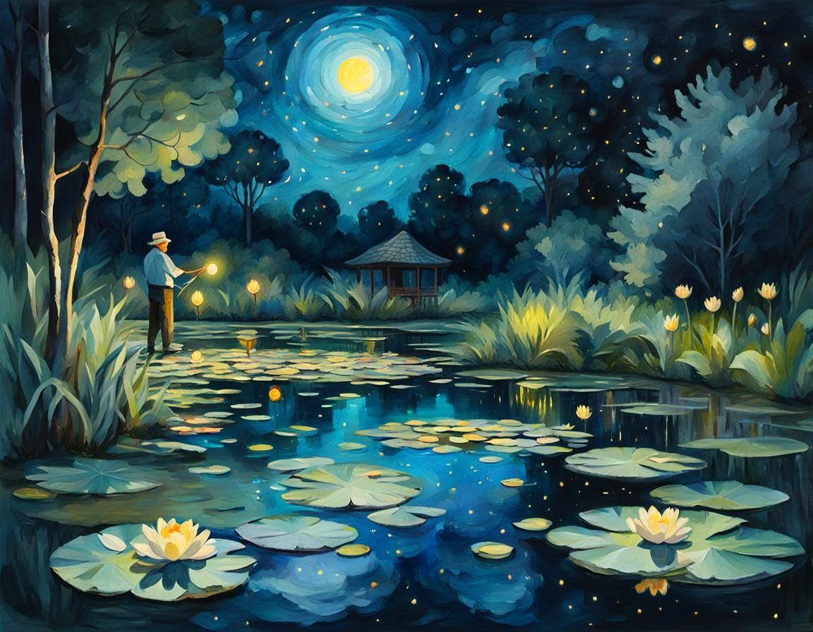 Nighttime Serenity: A Water Lily Pond Scene in Vibrant Gouac...