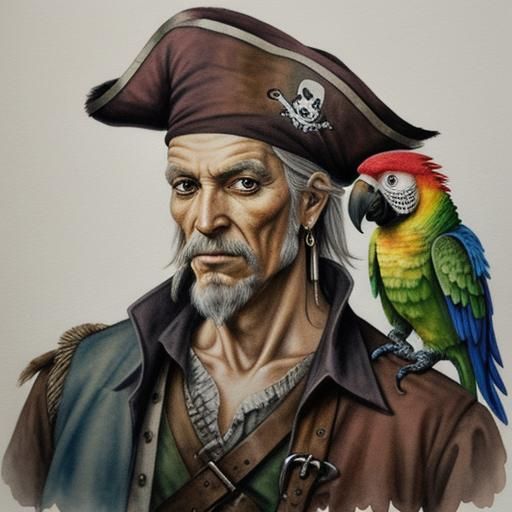 Aged Pirate Buccaneer Portrait with Parrot
