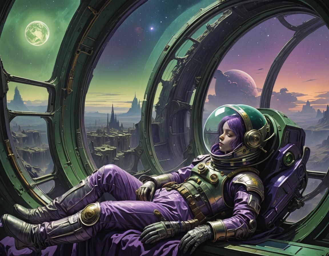Girl in Spacesuit Asleep Near Window to Space
