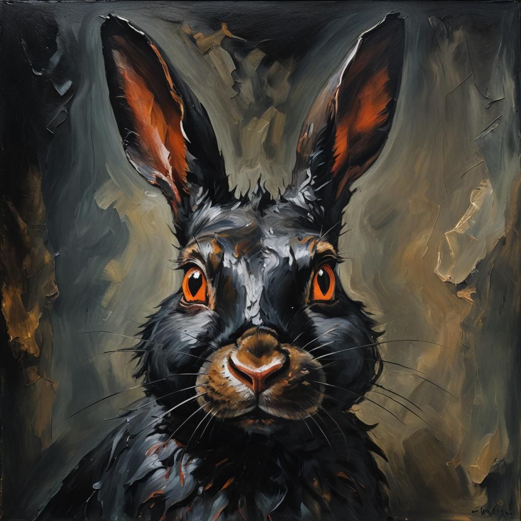 Dark Rabbit Portrait in Expressive Oil Painting Style