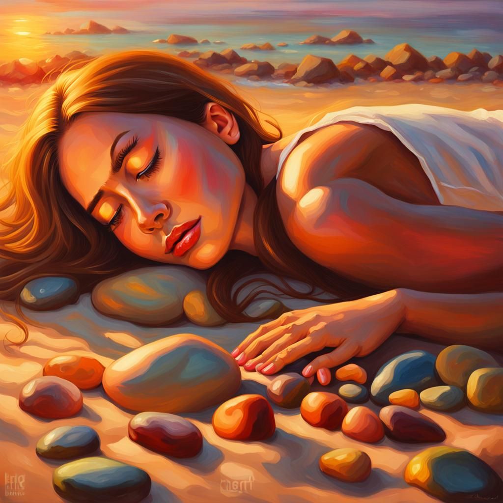 Sunset Beach Hot Stone Therapy in Oil Painting Style