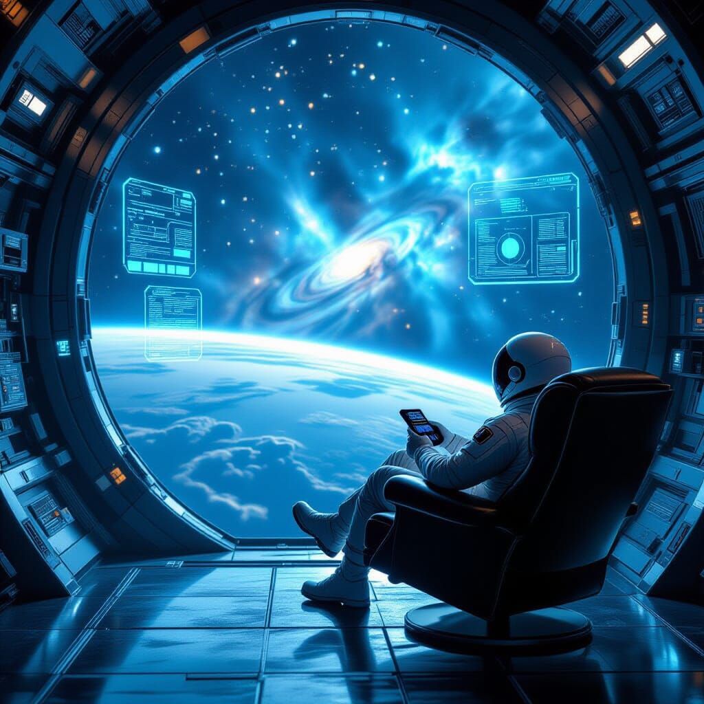 Astronaut Gazes at Stars from Futuristic Space Station