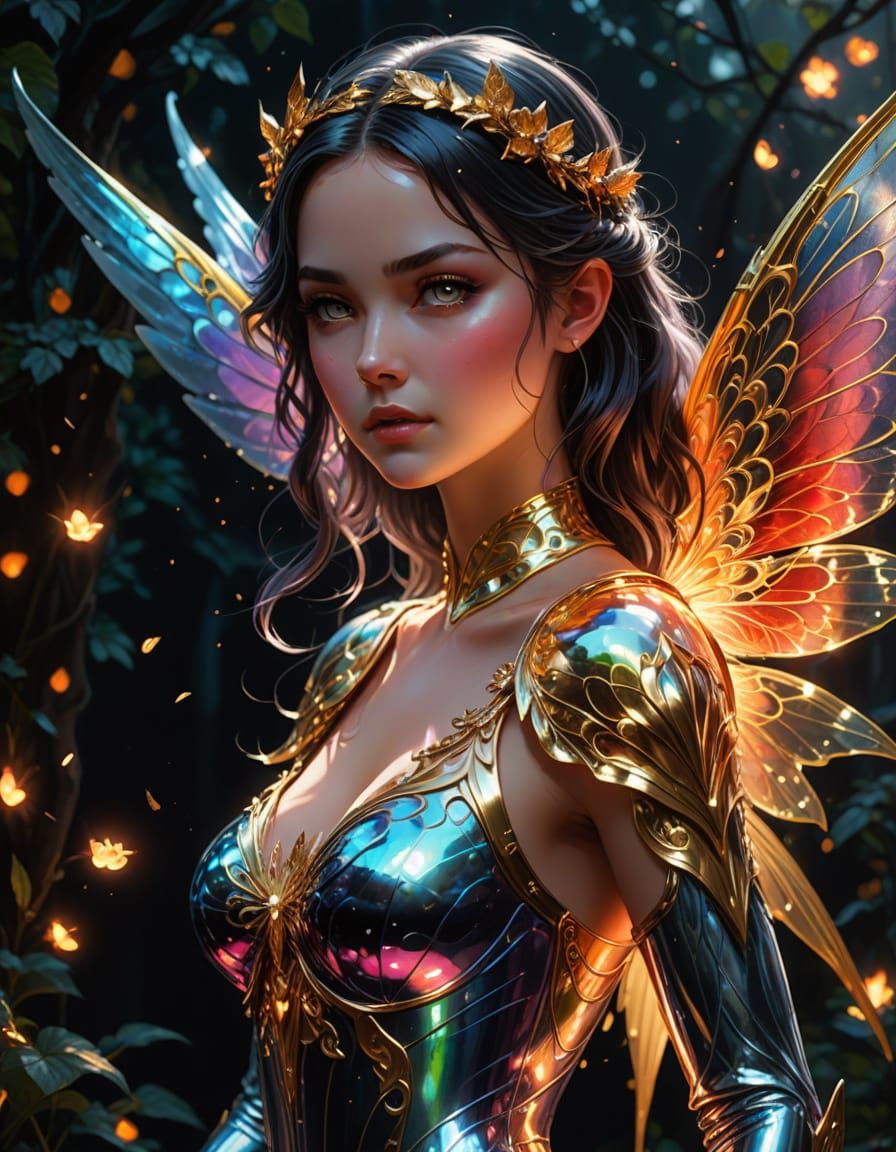 Liquid Chrome Fairy with Gold Eyes in Iridescent Tones