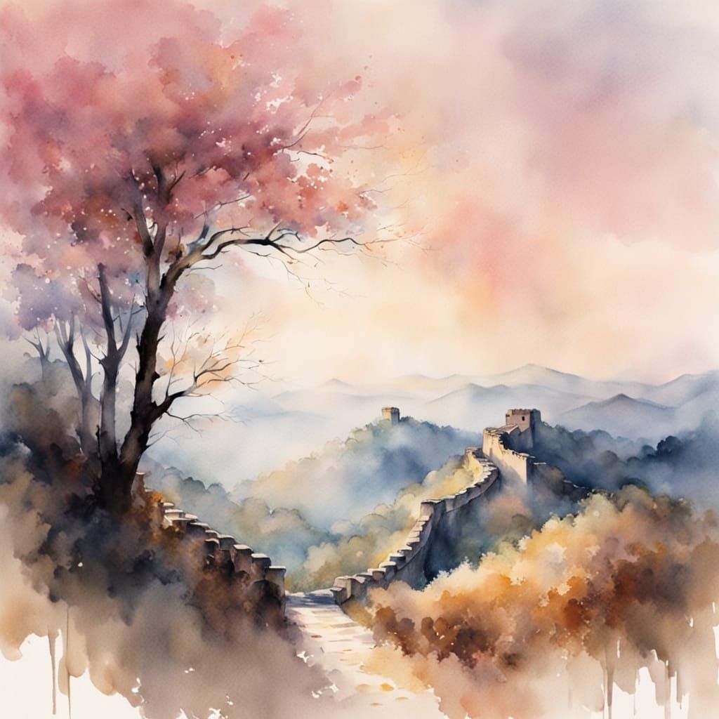 Misty Great Wall of China Watercolour Masterpiece