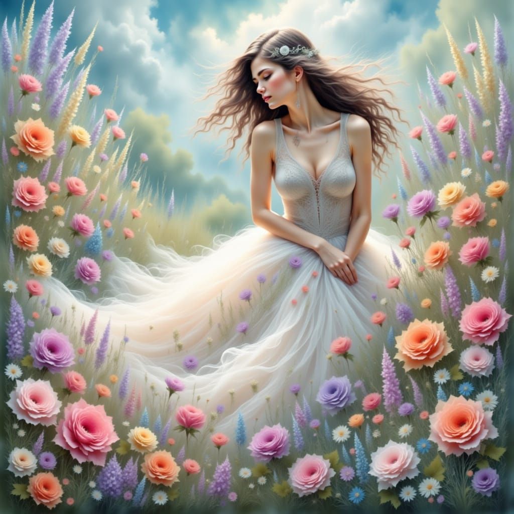 Woman in White Dress Swimming in Pastel Flowers