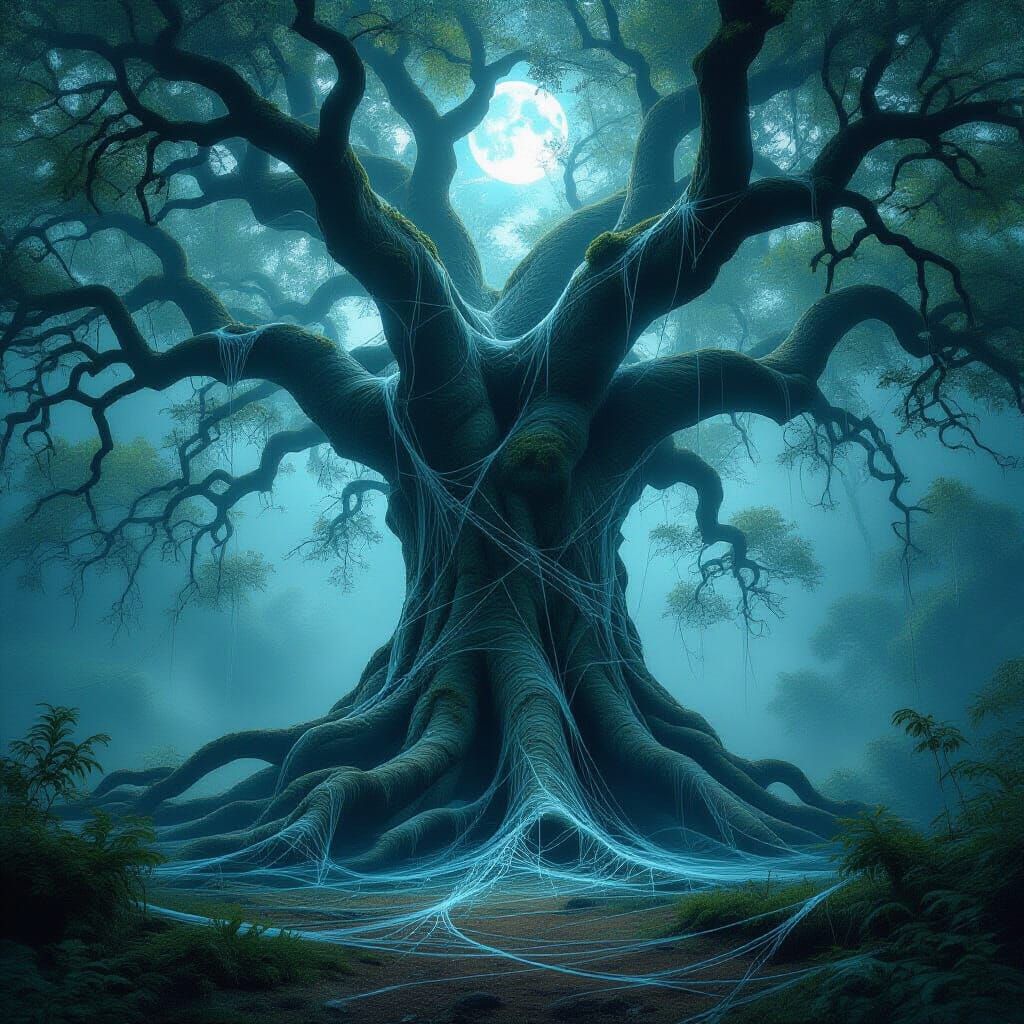 Ancient Spiderweb Tree in Ethereal Moonlight