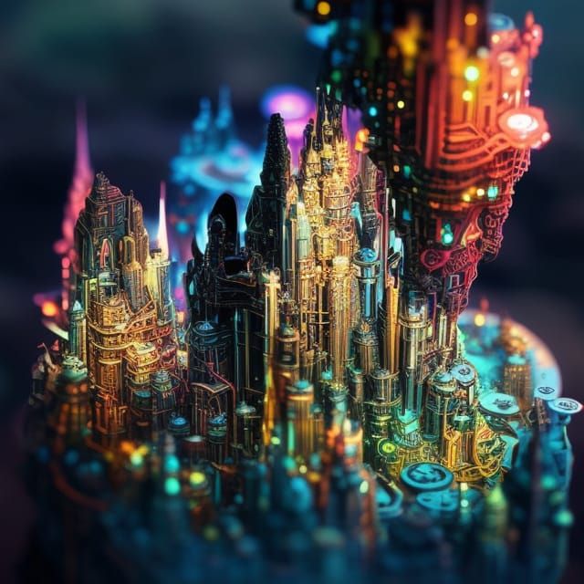 Hyper Detailed Tilt-Shif-Macro Photography of a Polychromatic Solarpunk City