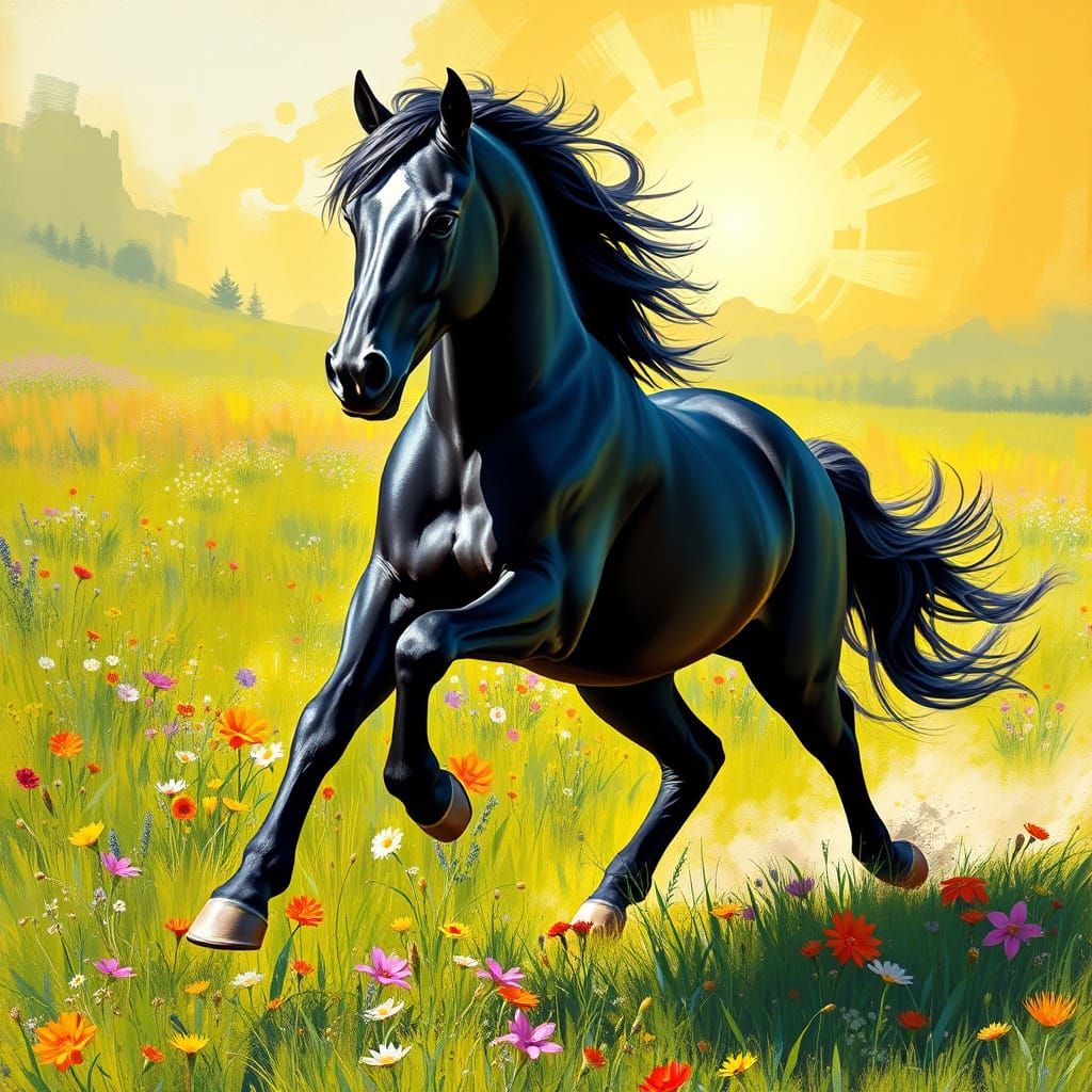 Majestic Black Stallion Galloping in Vibrant Wildflower Mead...