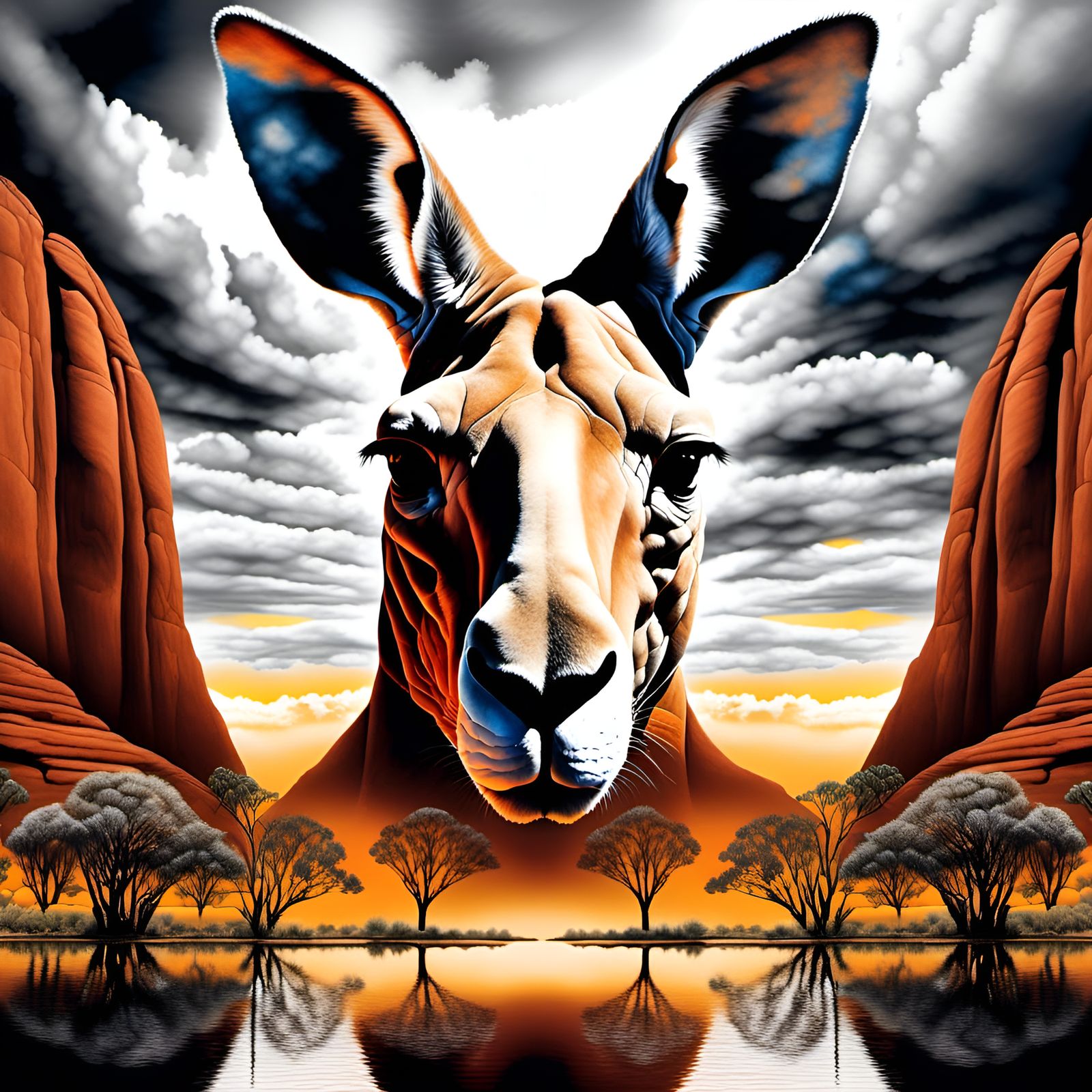 Kangaroo Head Double Exposure in Ochre Desert Landscape