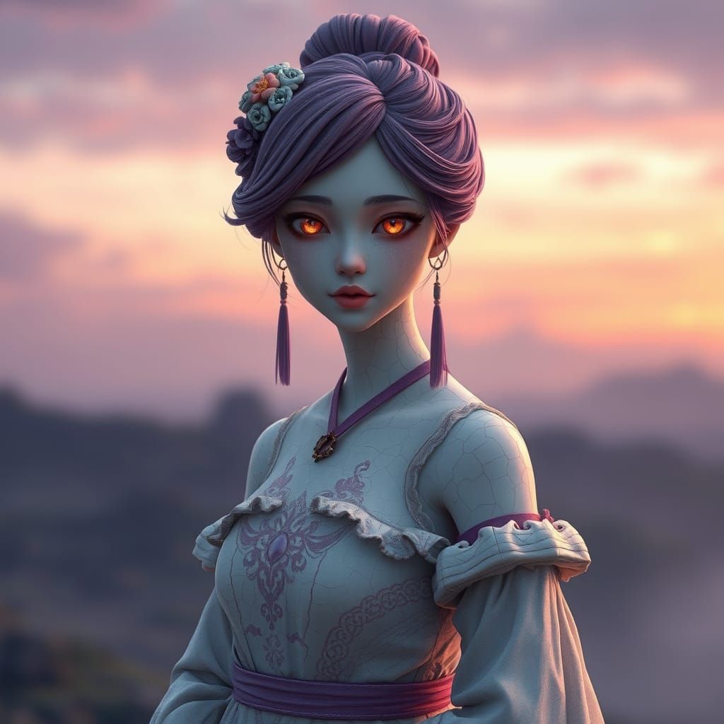 Ethereal Dawn Maiden in Purple Sunrise