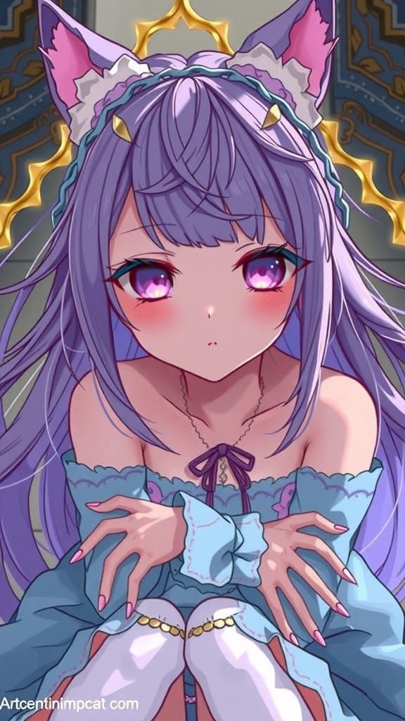 Elegant Anime Girl with Purple Hair and Cat Ears
