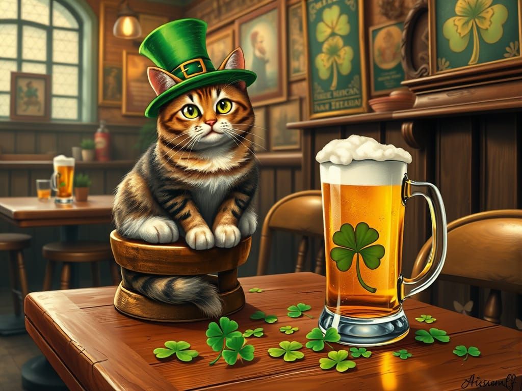Whimsical Cat in Irish Pub Attire
