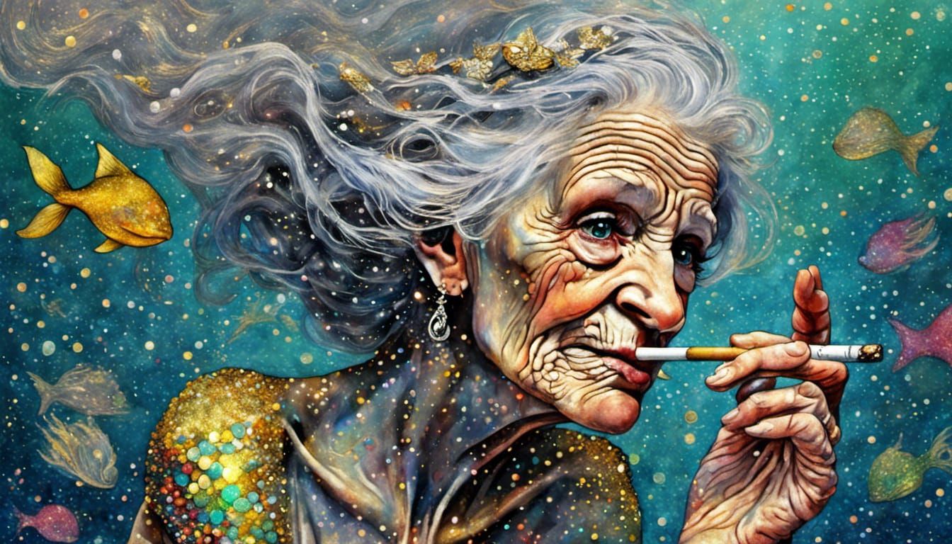 Grumpy Old Mermaid Smoking, in Pointillism Style