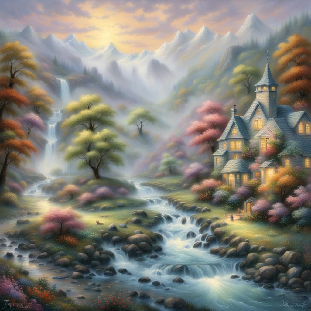 Ethereal Fantasy Riverdrift in Thomas Kinkade Style
