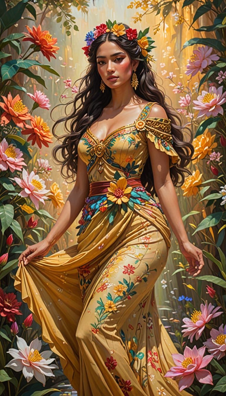 Xochiquetzal: Aztec Goddess of Love in Floral Scene