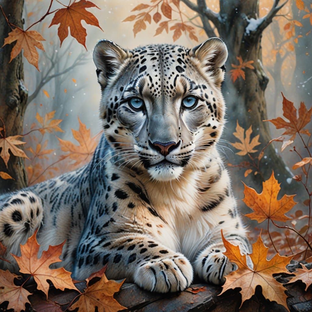 Baby Snow Leopard in Autumn Leaves, Watercolor Masterpiece