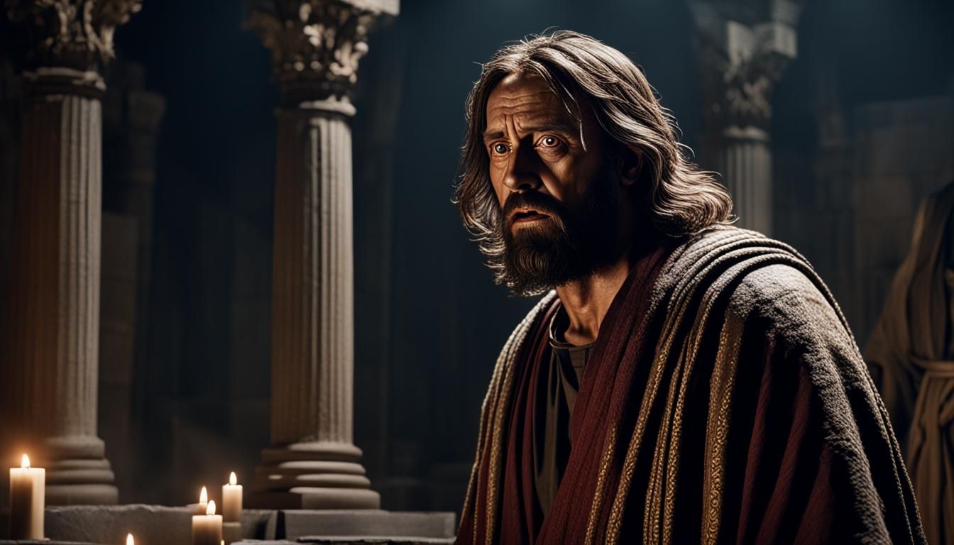 Judas Iscariot in Biblical Temple: Hyperrealistic 8K