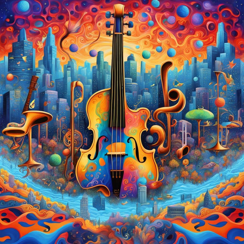 Whimsical Surreal Cityscape of Musical Instruments and Sheet...