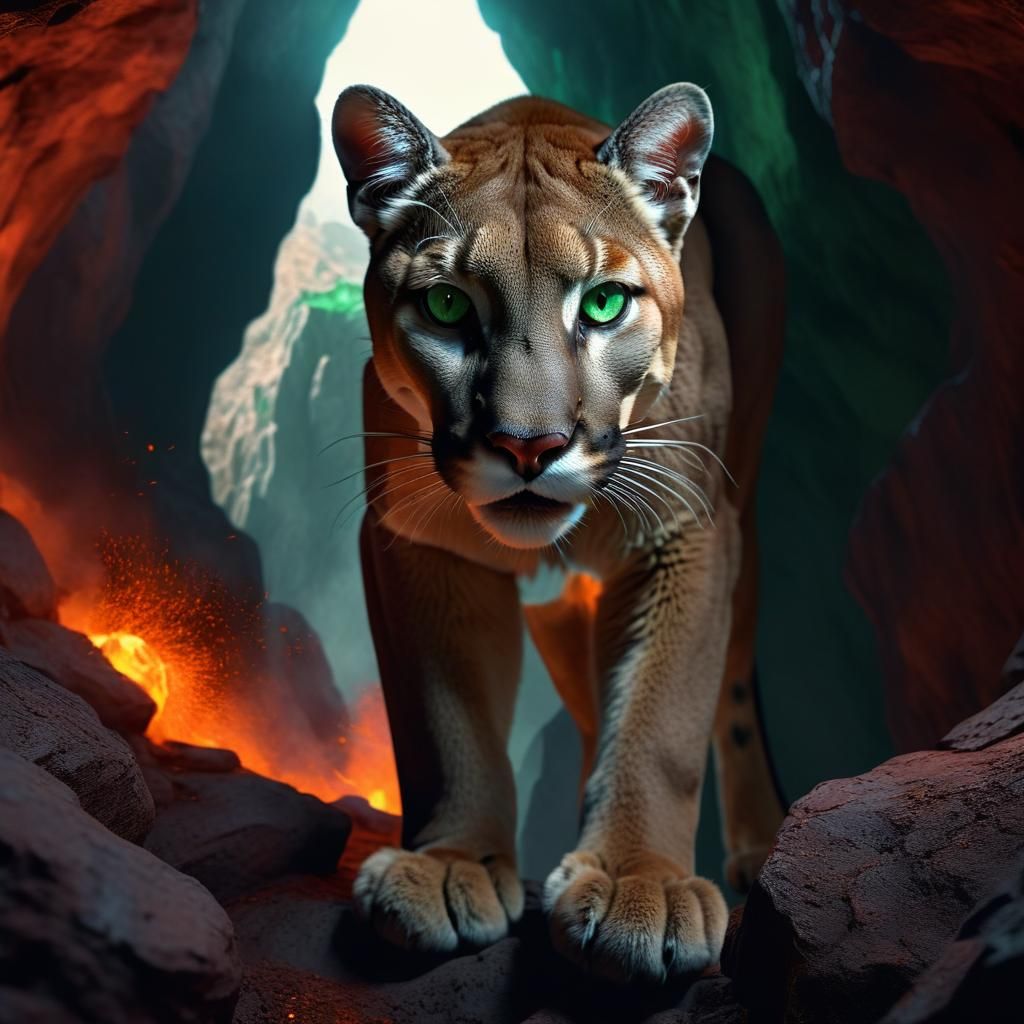 Mountain Lion Guardian on Fiery Mountain, Digital Art