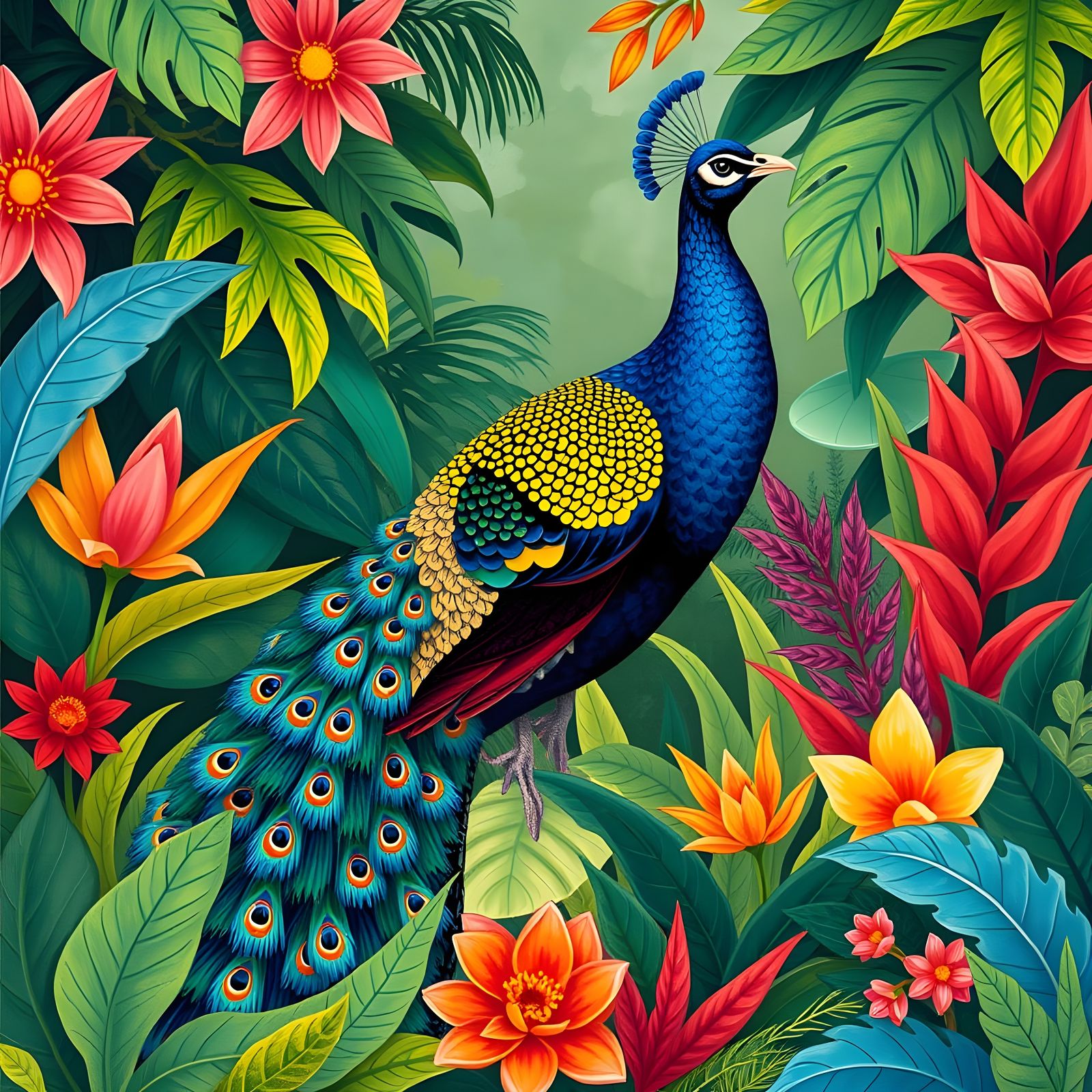 Peacock in Botanical Garden, Naive Art Style