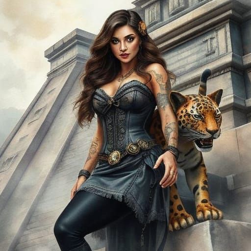 Steampunk Woman at Aztec Temple in Watercolor Style