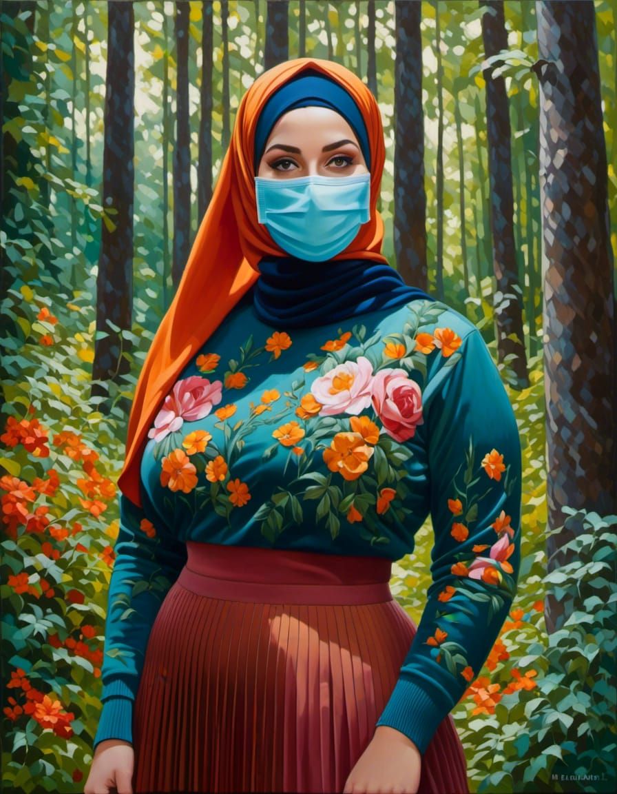 Woman in Hijab and Mask in Lush Forest