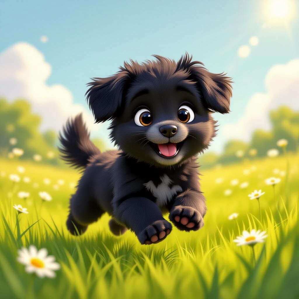 Fluffy Puppy Running Joyfully in Sunny Meadow