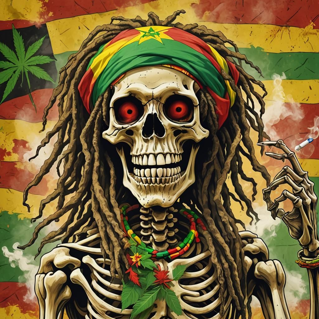 Rastaman Skeleton Smoking: Reggae-Inspired Digital Art