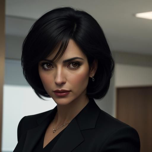 Spanish Woman in Black Suit, Hyperrealistic Close-Up