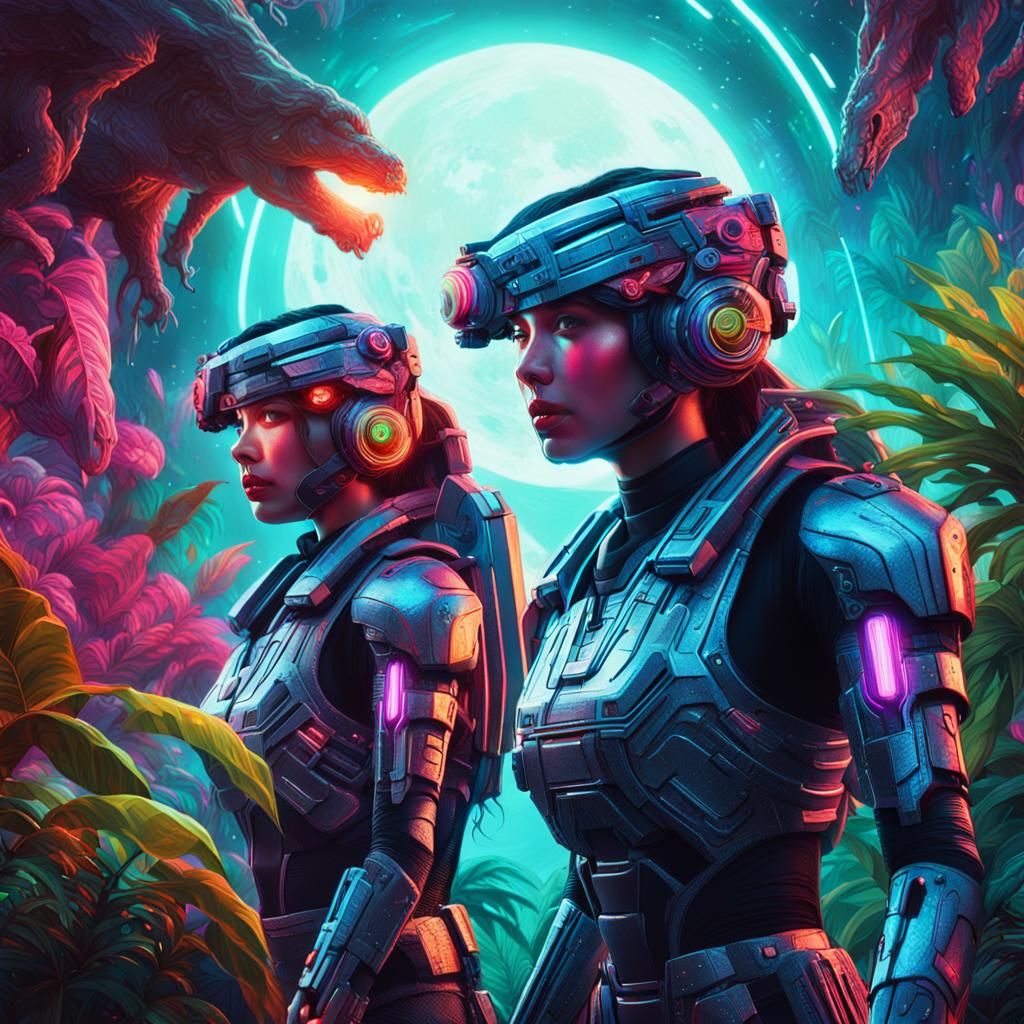 Cyborg Women Battle on Neon Jungle Planet