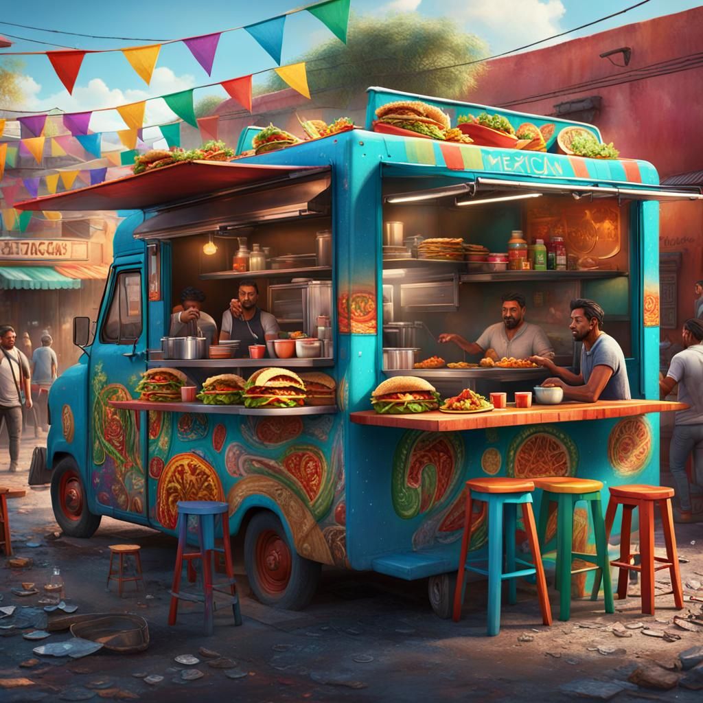 Colorful Taco Truck in Mexican Town Street