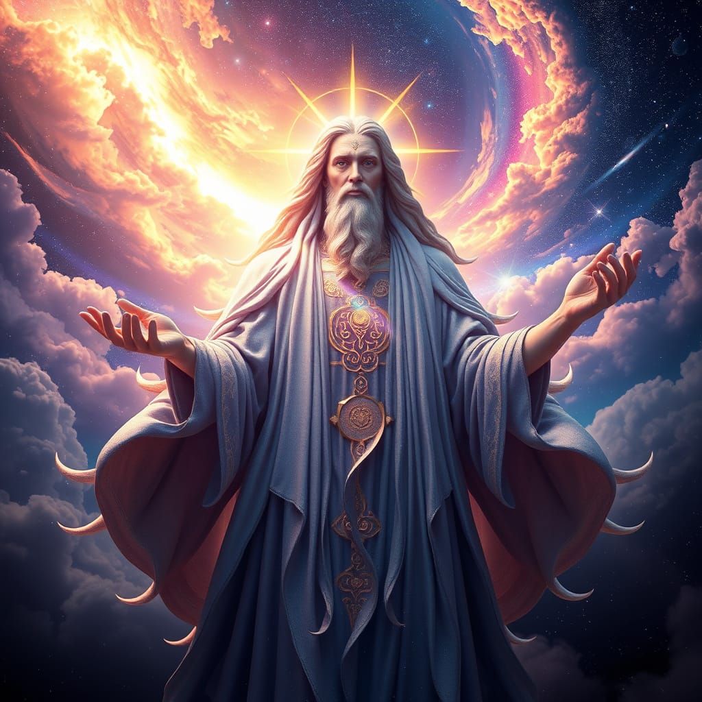 Ethereal Cosmic Guardian in Iridescent Robes