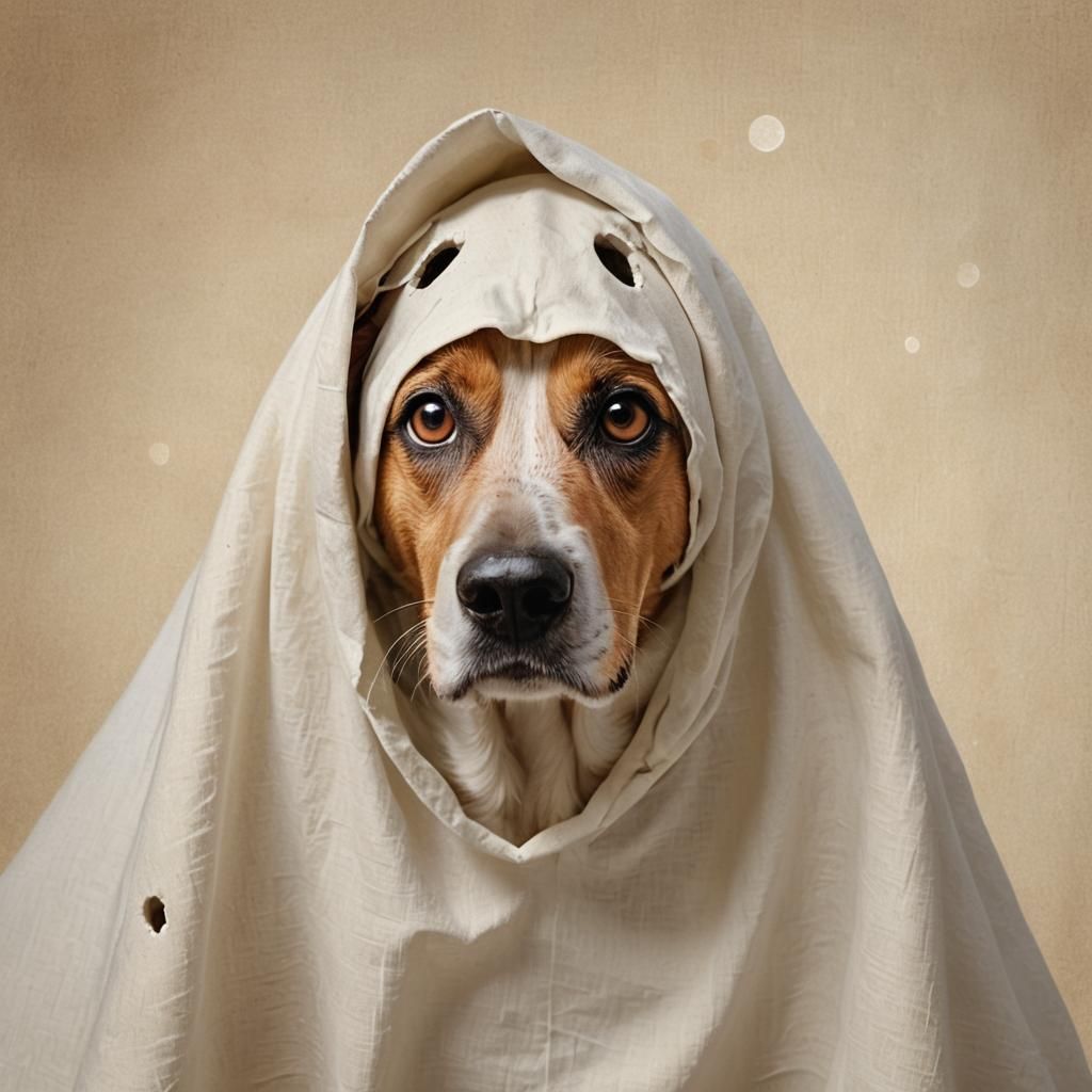 Dog in Ghost Costume: Whimsical Digital Art