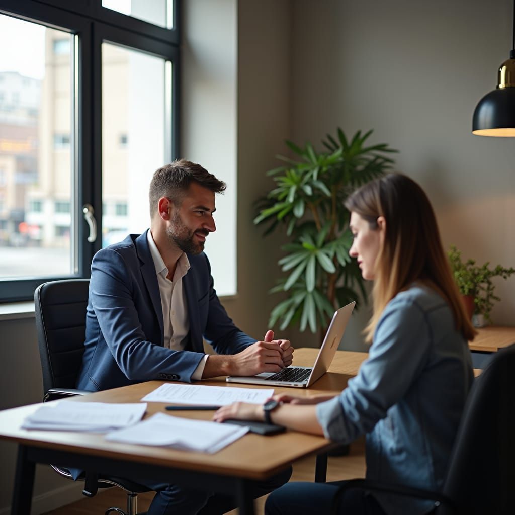 Business Consultant Helping Client in Office, Villemin Style