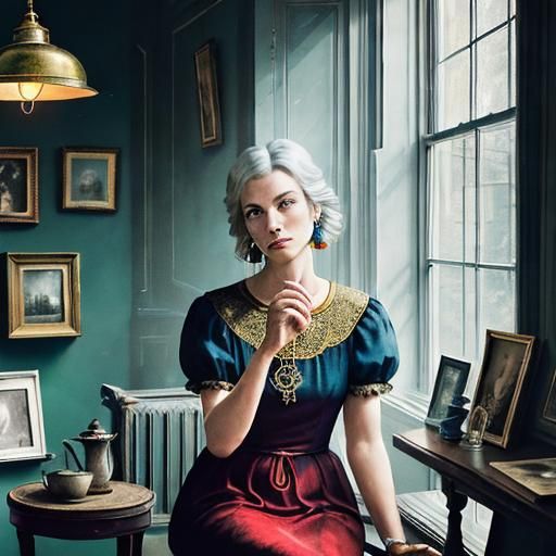 Melancholic Woman in Antique Room, Cinematic High Resolution