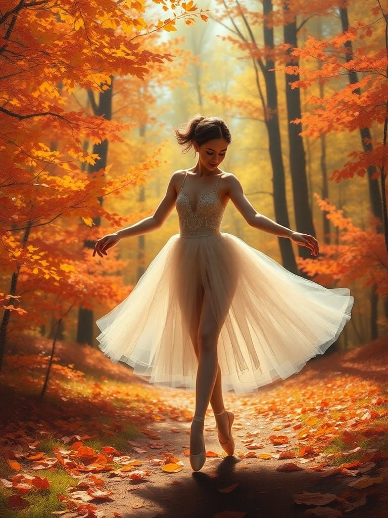 Ballerina's Dance in Autumn Forest, Oil Painting