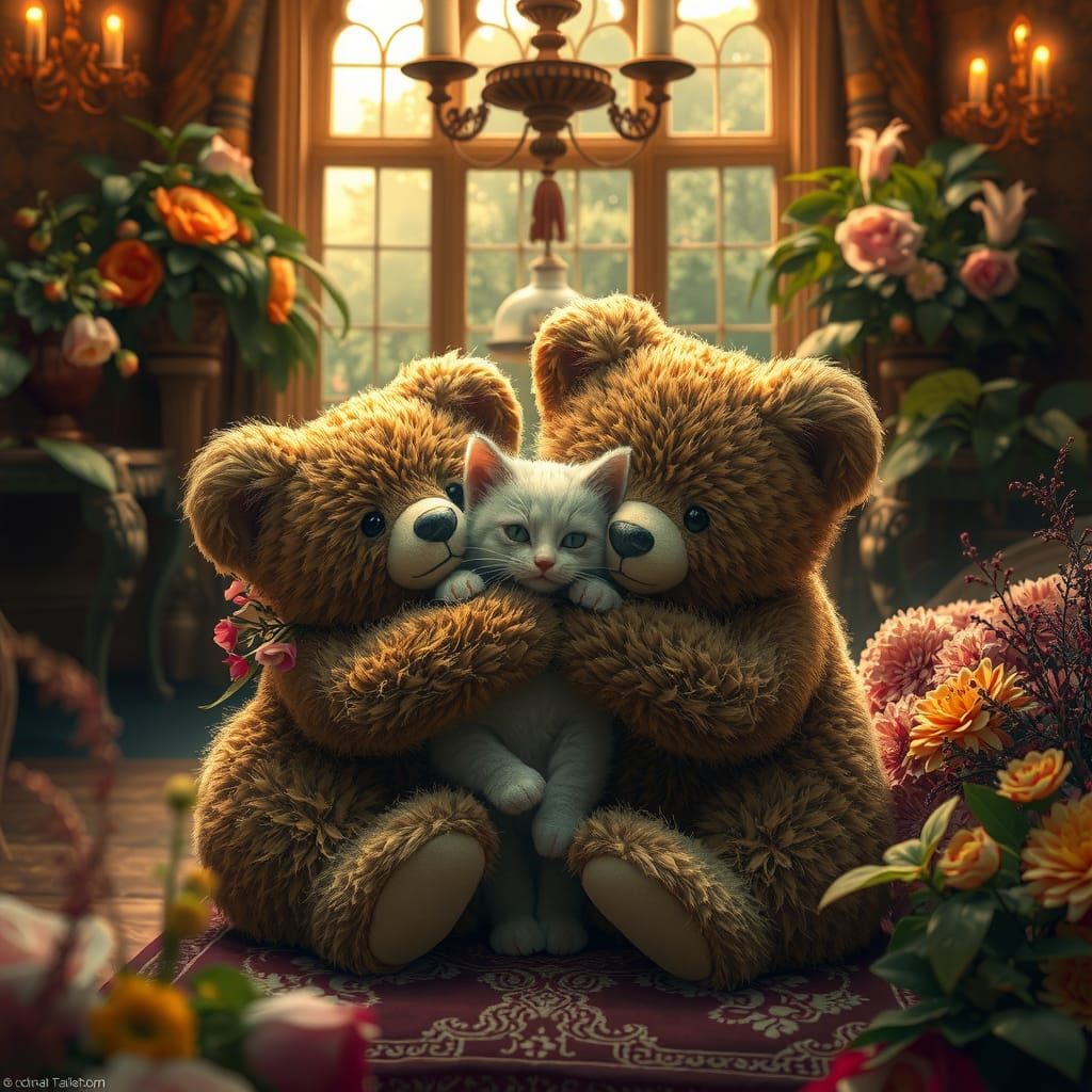 Teddy Bears and Kitty in Victorian Parlor