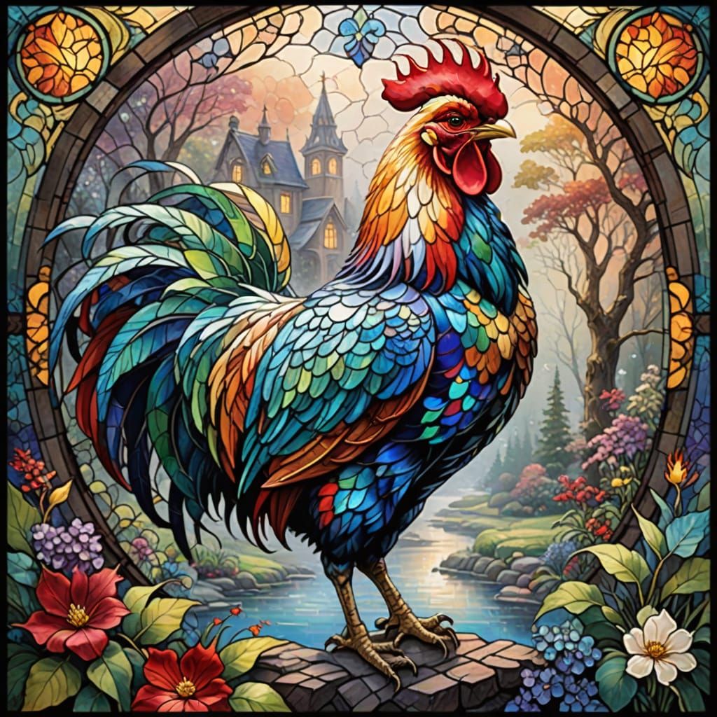 Vibrant Stained-Glass Rooster in Whimsical Fantasy Style