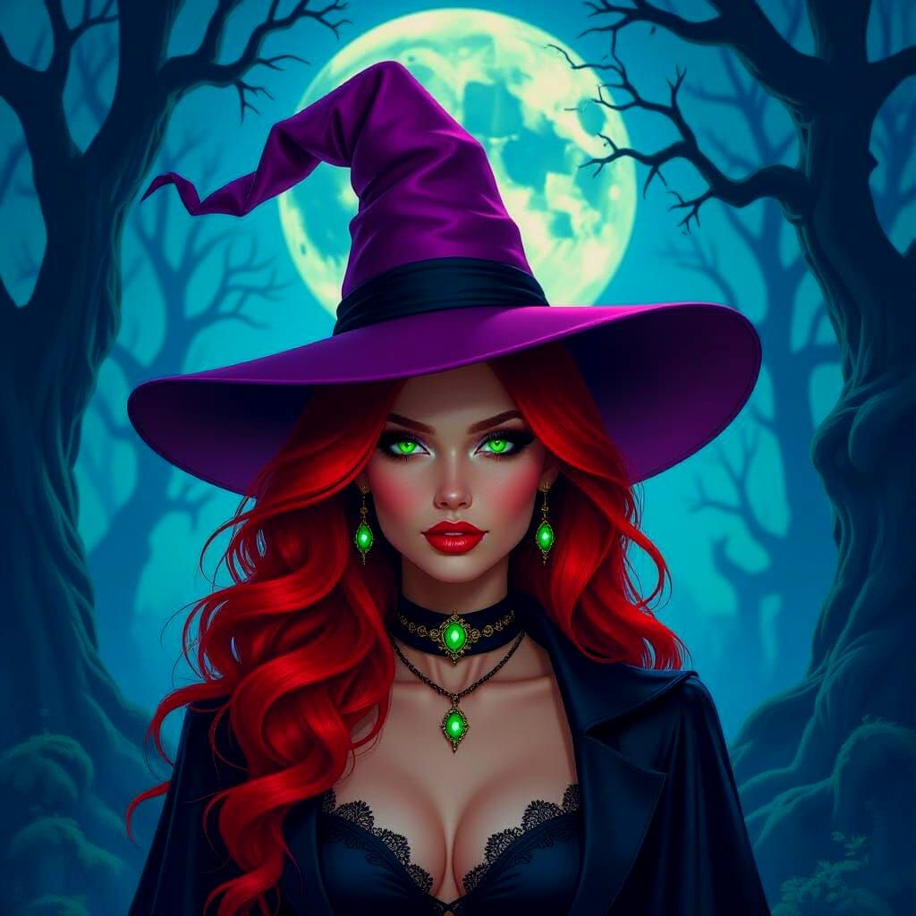 Beautiful Witch With Magenta Hat And Glowing Green Eyes