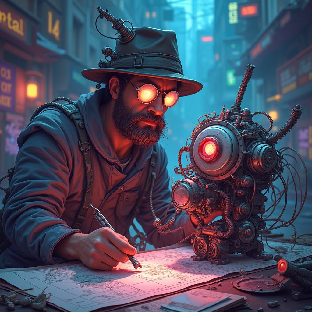 Inventor in a Whirlwind of Neon Hues and Iridescent Sparks