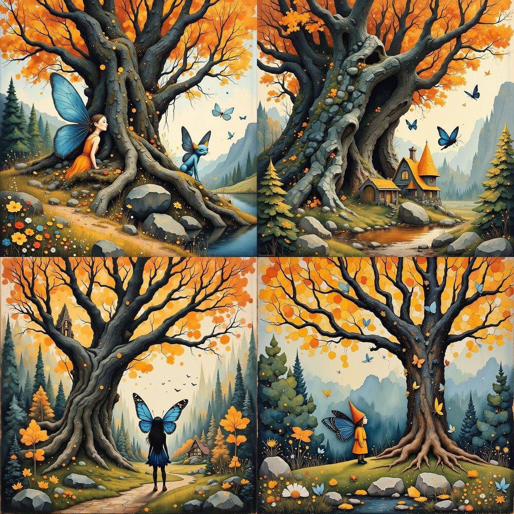 Gnome Fairy Kingdom at Autumn Tree Base