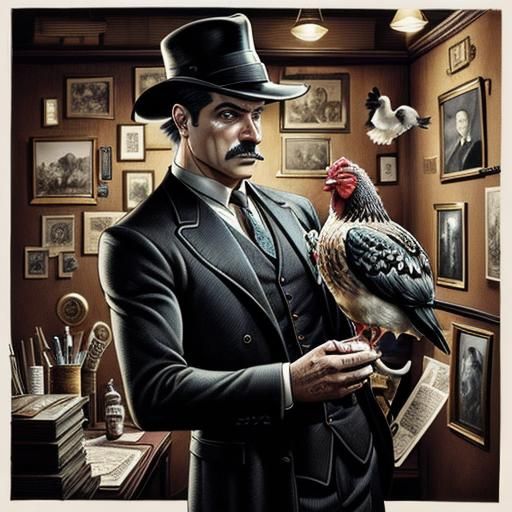 Noir-Style Detective Surrounded by Armed Chickens