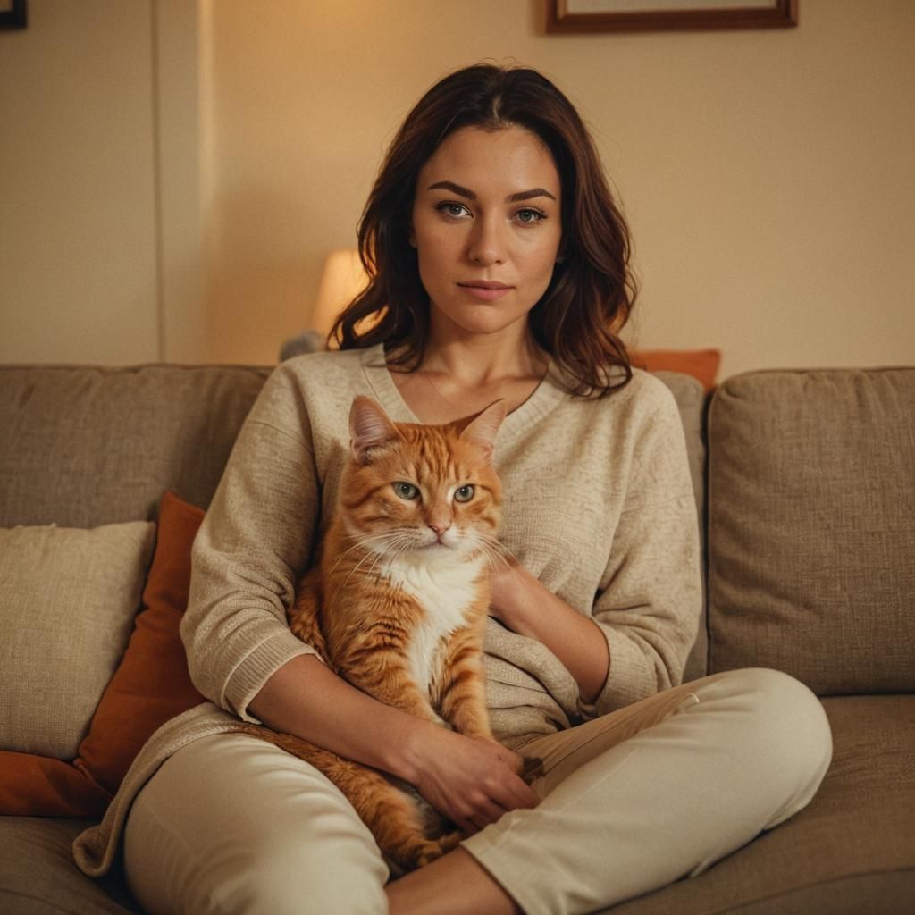 Woman Mourns Cat in Spirit Form: Cinematic Still