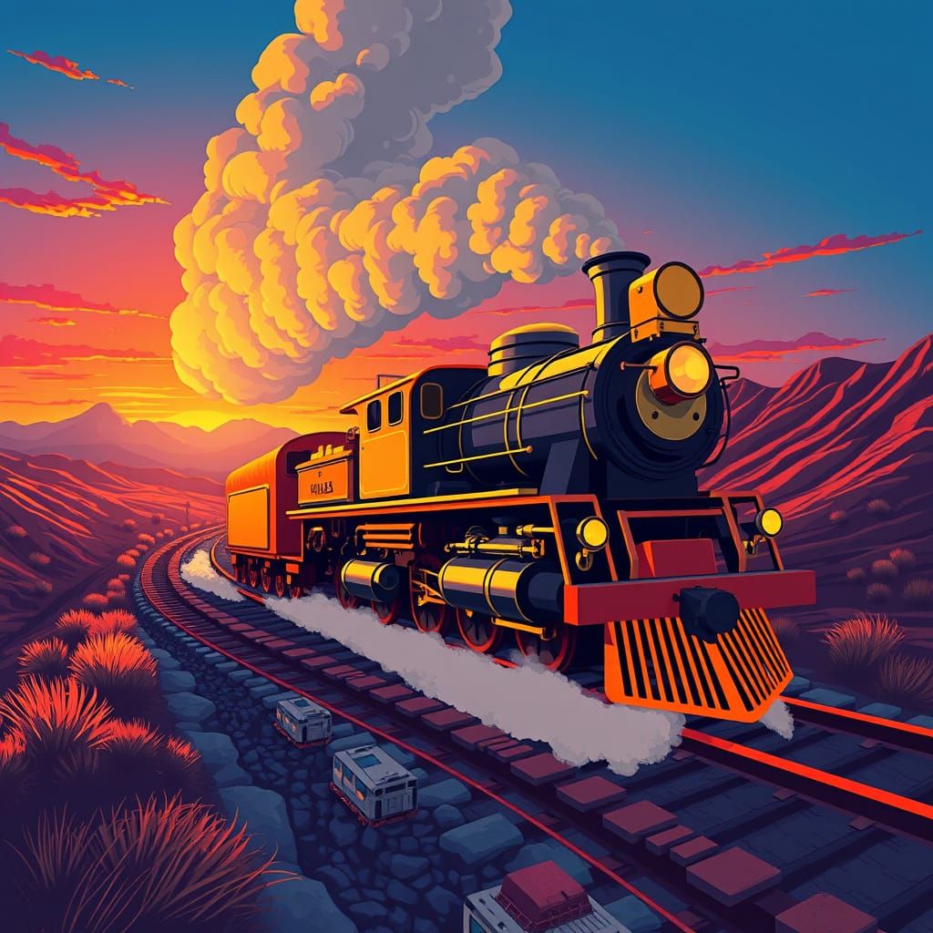 Elegant Steam Locomotive in Vibrant, Geometric Style