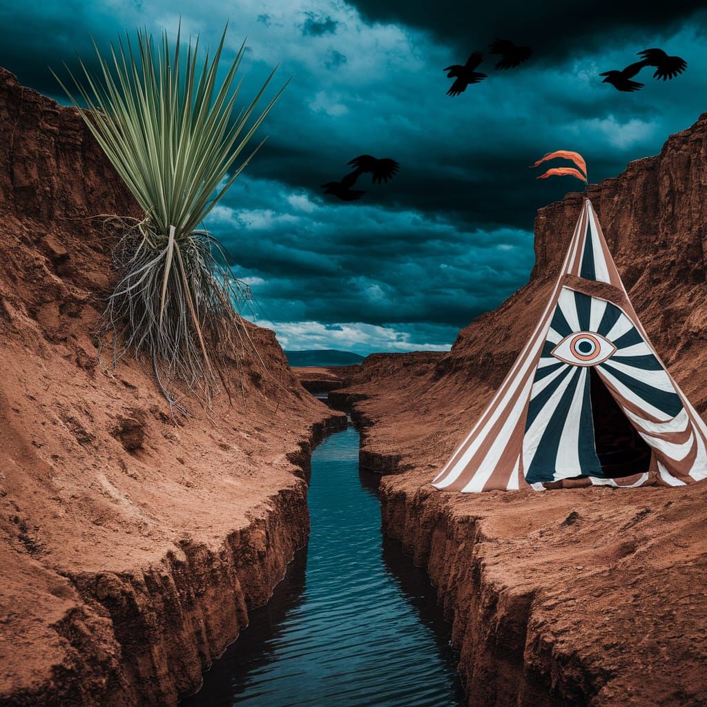 Surreal Desert Gulch with Holy Woman and Sacred Crows